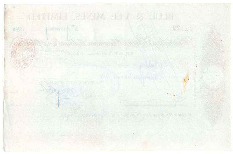 1940 Southern Rhodesia, Barclays Bank - Blue & Vee Mines, Limited Cheque issued for £34 and 4 Shilli