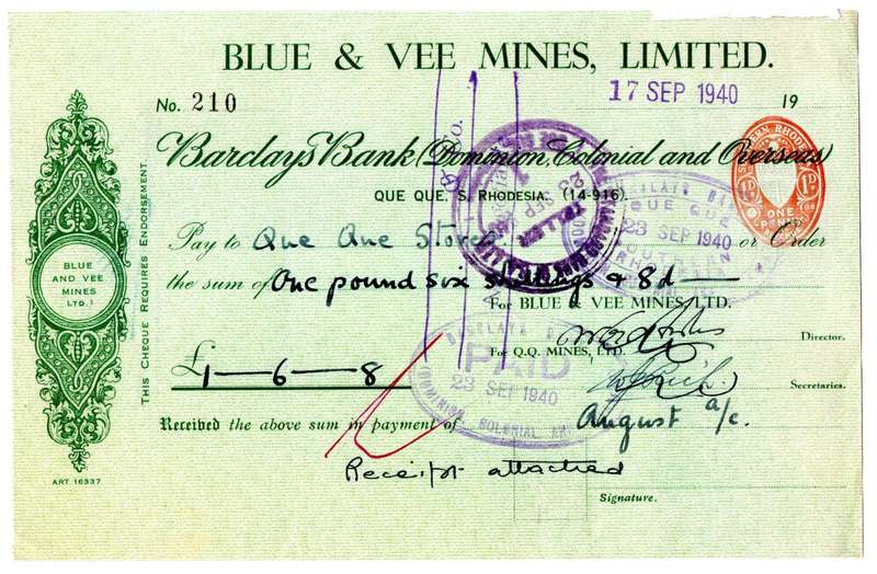 1940 Southern Rhodesia, Barclays Bank - Blue & Vee Mines, Limited Cheque issued for £1, 6 Shillings