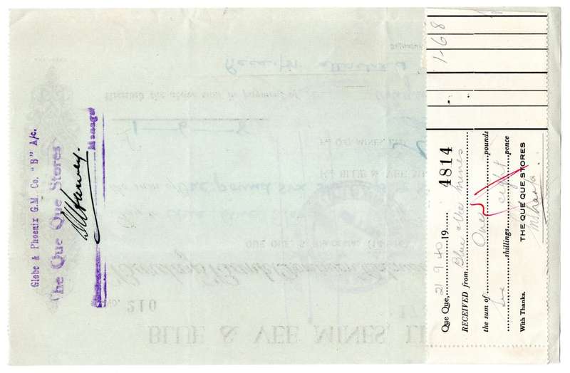 1940 Southern Rhodesia, Barclays Bank - Blue & Vee Mines, Limited Cheque issued for £1, 6 Shillings