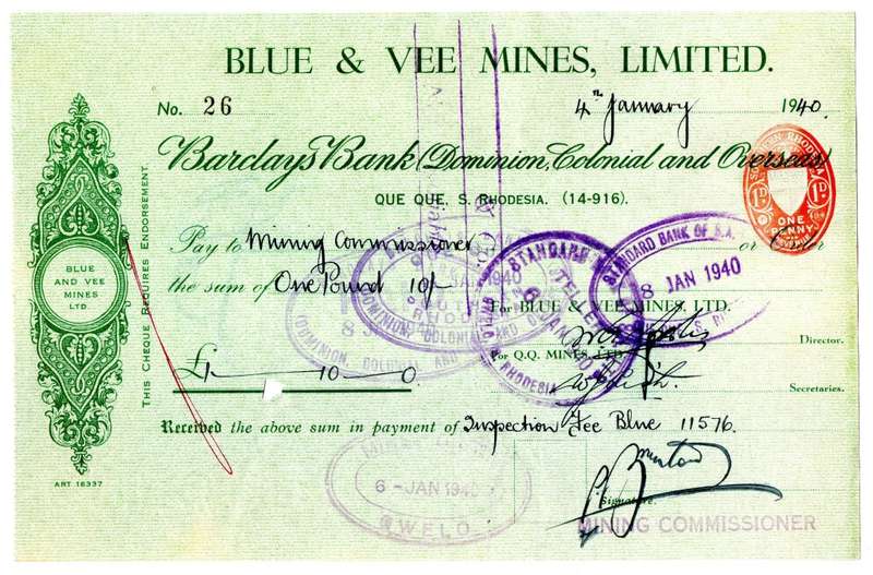 1940 Southern Rhodesia, Barclays Bank - Blue & Vee Mines, Limited Cheque issued for £1 and 10 Shilli