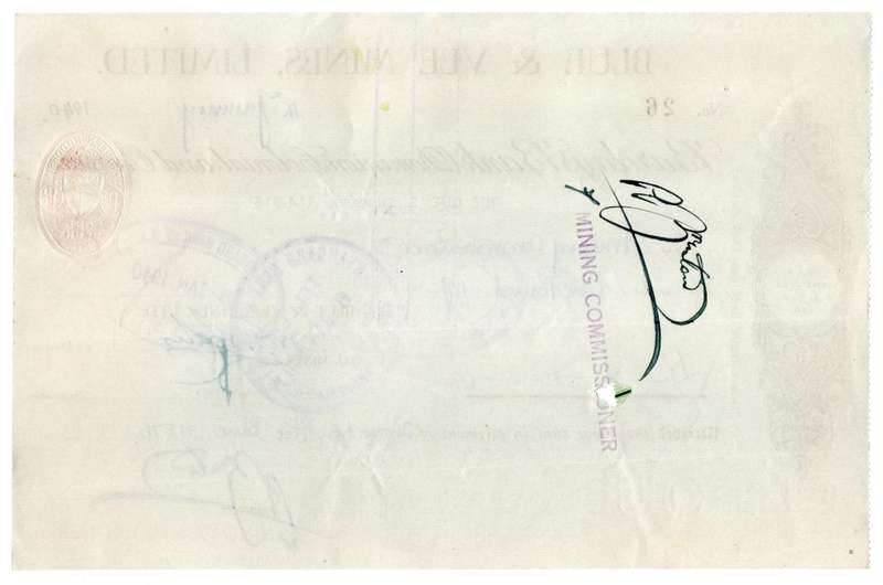 1940 Southern Rhodesia, Barclays Bank - Blue & Vee Mines, Limited Cheque issued for £1 and 10 Shilli