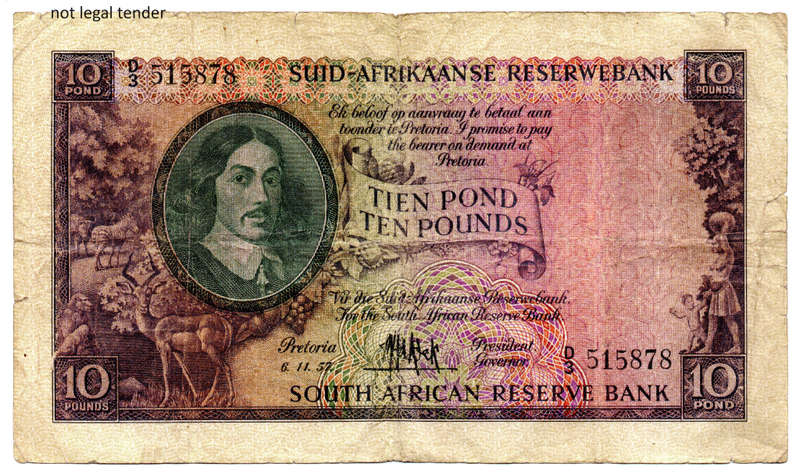 1957 South Africa Type 2 MH De Kock Third Issue 10 Pound `D3`, small edge tears
