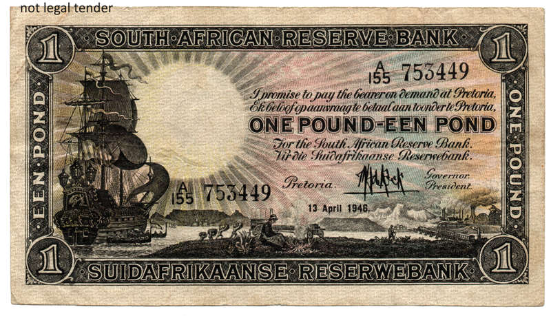 1946 South Africa Type 8 MH De Kock First Issue 1 Pound