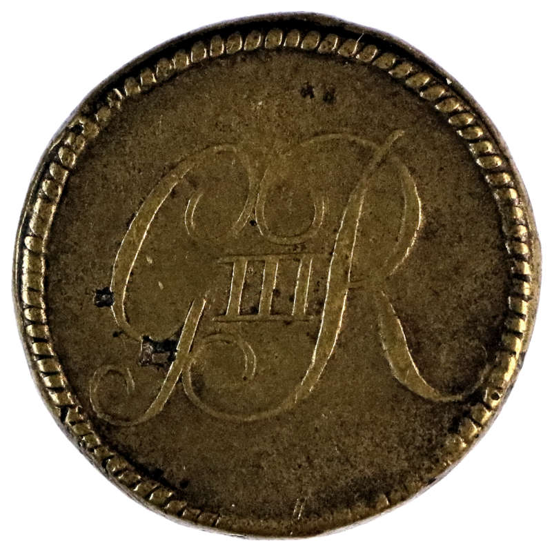 1775 George III, brass Guinea coin weight, Obverse: Monogram, GIIIR (King George III) Reverse: Dw.GL