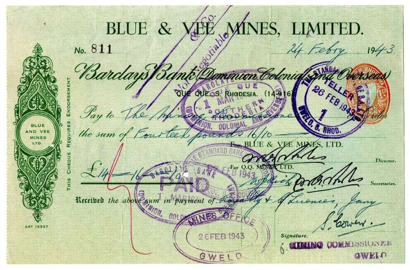 1943 Southern Rhodesia, Barclays Bank - Blue & Vee Mines, Limited Cheque issued for £14 and 16 Shill