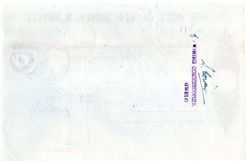 1943 Southern Rhodesia, Barclays Bank - Blue & Vee Mines, Limited Cheque issued for £14 and 16 Shill