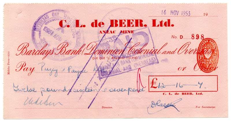 1953 Southern Rhodesia, Barclays Bank - C. L. de Beer. Ltd Anzac Mine, Cheque issued for £12 and 16