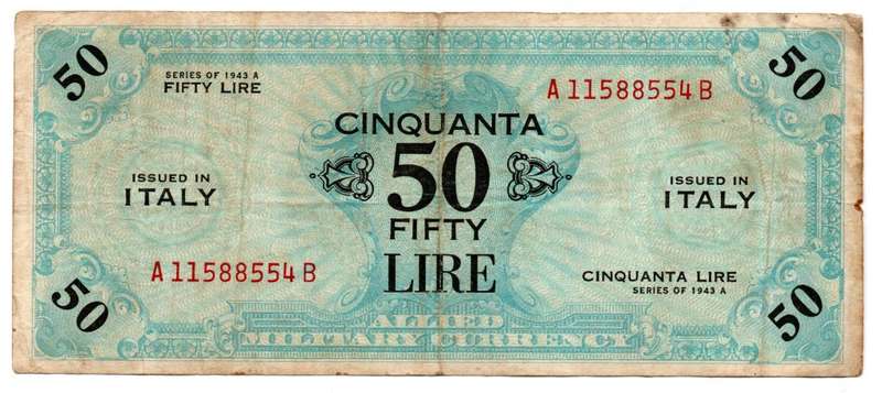 1943-A Italy Allied Military Currency 50 Lire