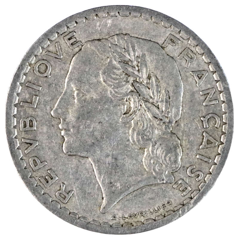 1949 France Fourth Republic Aluminum 5 Francs KM#888b
