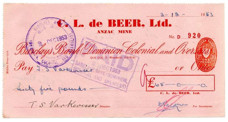 1953 Southern Rhodesia, Barclays Bank - C. L. de Beer. Ltd Anzac Mine, Cheque issued for £65, 1 Penn
