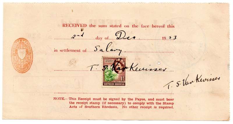 1953 Southern Rhodesia, Barclays Bank - C. L. de Beer. Ltd Anzac Mine, Cheque issued for £65, 1 Penn