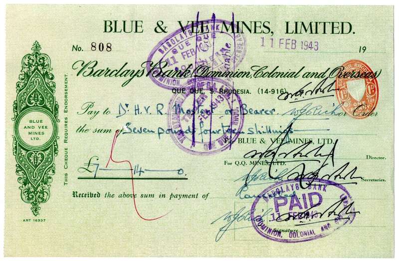 1943 Southern Rhodesia, Barclays Bank - Blue & Vee Mines, Limited Cheque issued for £7 and 14 Shilli