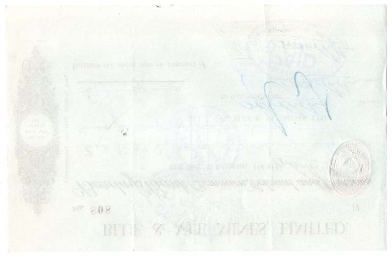 1943 Southern Rhodesia, Barclays Bank - Blue & Vee Mines, Limited Cheque issued for £7 and 14 Shilli