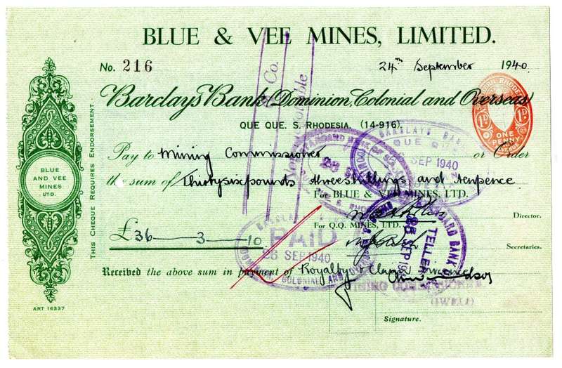 1940 Southern Rhodesia, Barclays Bank - Blue & Vee Mines, Limited Cheque issued for £36, 3 Shillings