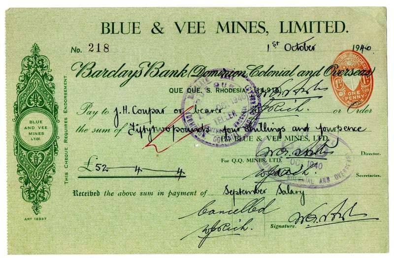 1940 Southern Rhodesia, Barclays Bank - Blue & Vee Mines, Limited Cheque issued for £52, 4 Shillings
