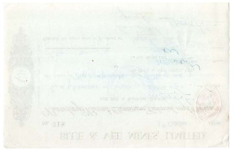 1940 Southern Rhodesia, Barclays Bank - Blue & Vee Mines, Limited Cheque issued for £52, 4 Shillings