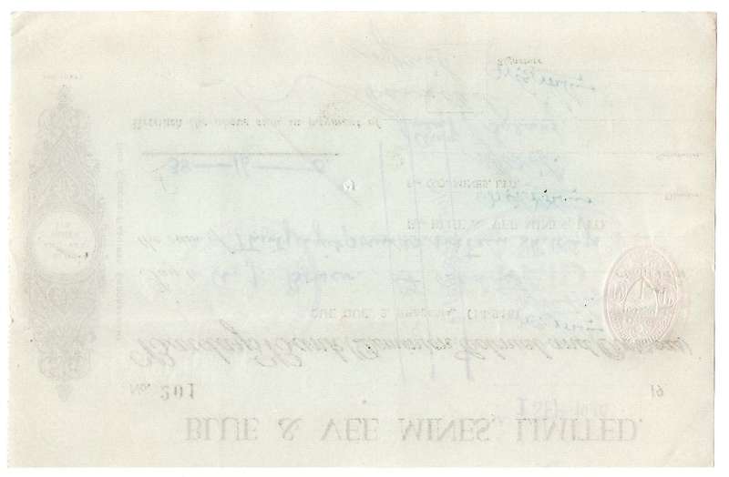 1940 Southern Rhodesia, Barclays Bank - Blue & Vee Mines, Limited Cheque issued for £38, 16 Shilling