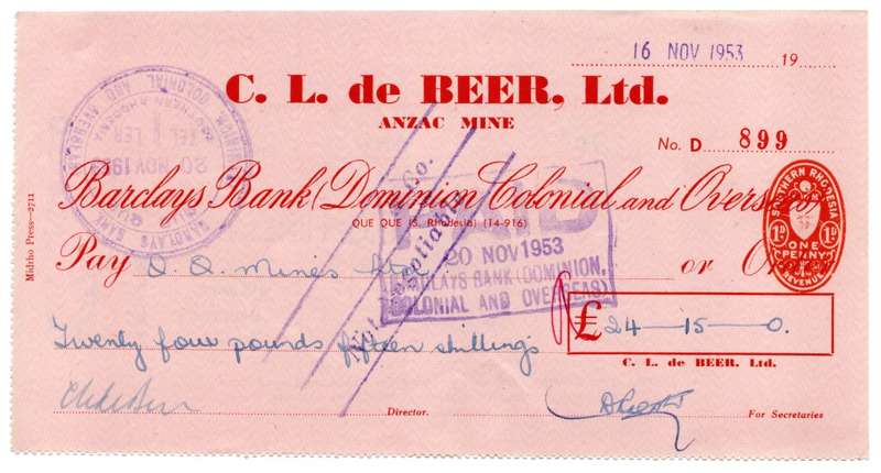 1953 Southern Rhodesia, Barclays Bank - C. L. de Beer. Ltd Anzac Mine, Cheque issued for £24 and 15
