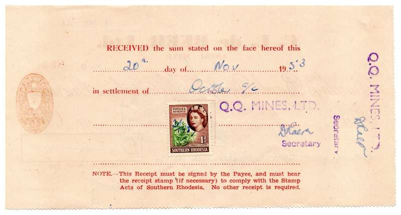 1953 Southern Rhodesia, Barclays Bank - C. L. de Beer. Ltd Anzac Mine, Cheque issued for £24 and 15