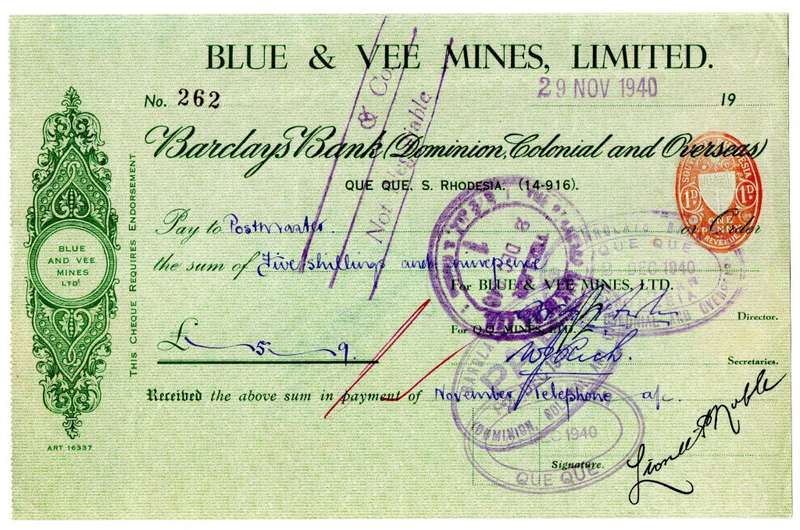 1940 Southern Rhodesia, Barclays Bank - Blue & Vee Mines, Limited Cheque issued for £0, 5 Shillings