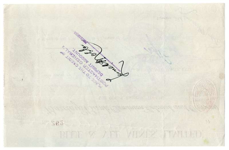 1940 Southern Rhodesia, Barclays Bank - Blue & Vee Mines, Limited Cheque issued for £0, 5 Shillings