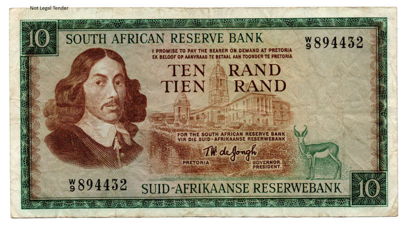 1967 South Africa Type 7 TW De Jongh First Issue replacement R10 `W9`