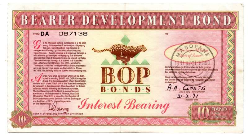 1992 Bophuthatswana Development Bearer R10 Bond Note