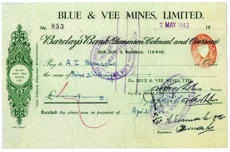 1943 Southern Rhodesia, Barclays Bank - Blue & Vee Mines, Limited Cheque issued for £0, 9 Shillings