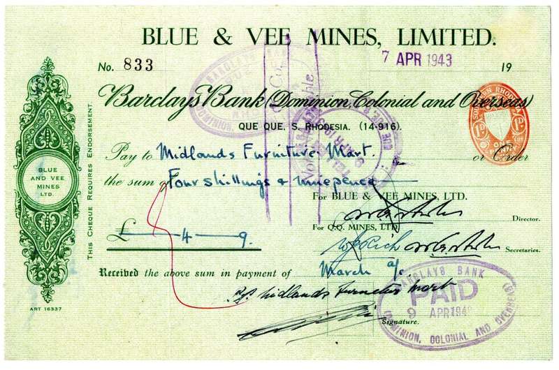 1943 Southern Rhodesia, Barclays Bank - Blue & Vee Mines, Limited Cheque issued for £0, 4 Shillings