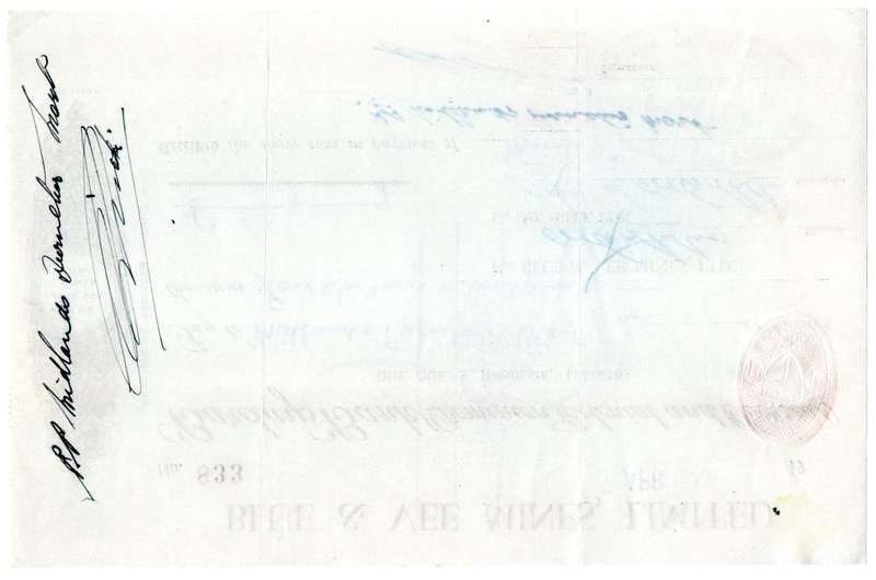 1943 Southern Rhodesia, Barclays Bank - Blue & Vee Mines, Limited Cheque issued for £0, 4 Shillings
