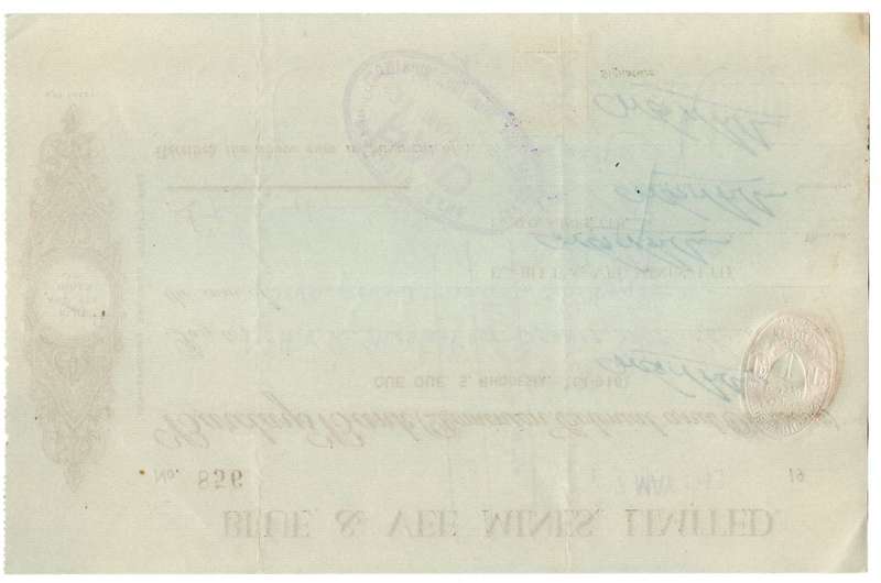 1943 Southern Rhodesia, Barclays Bank - Blue & Vee Mines, Limited Cheque issued for £7, 16 Shillings