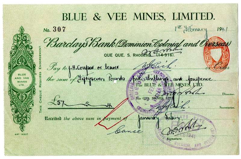 1941 Southern Rhodesia, Barclays Bank - Blue & Vee Mines, Limited Cheque issued for £57, 5 Shillings