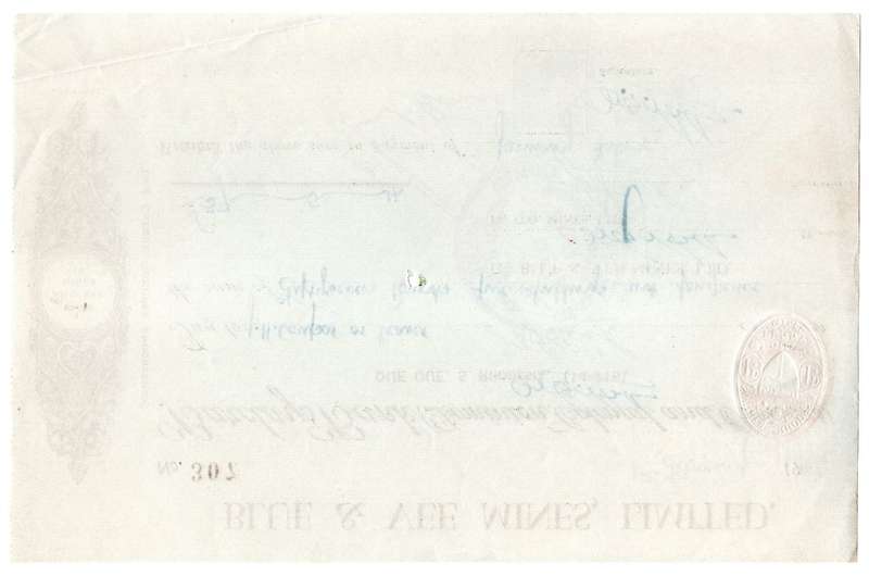1941 Southern Rhodesia, Barclays Bank - Blue & Vee Mines, Limited Cheque issued for £57, 5 Shillings