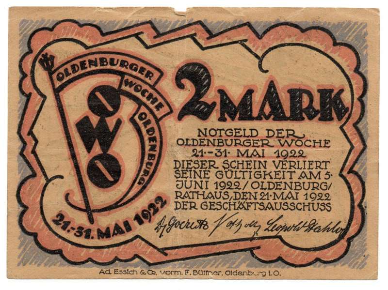 1922 German Weimar Republic City of Oldenburg (City Issue) 2 Mark