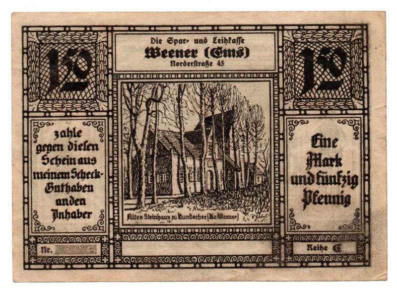 1922 German Lower Saxony 1,50 Mark Sparkasse Weener [Not issued, no Serial/Signature] emergency Issu