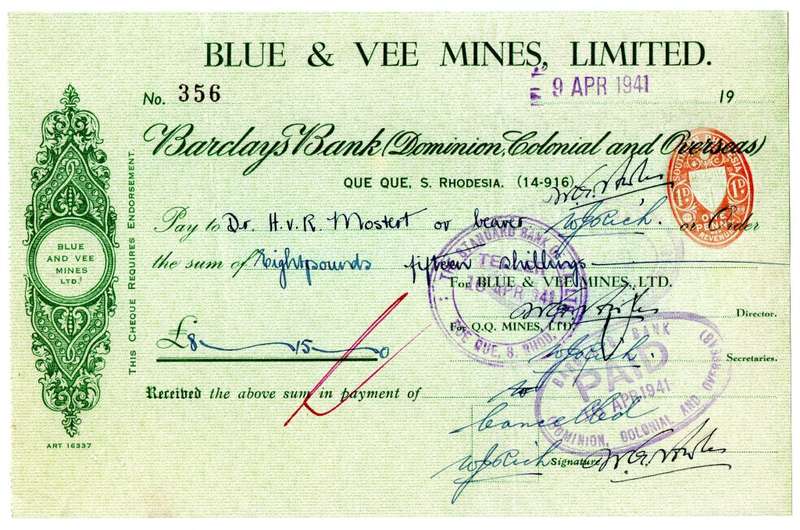 1941 Southern Rhodesia, Barclays Bank - Blue & Vee Mines, Limited Cheque issued for £8, 15 Shillings