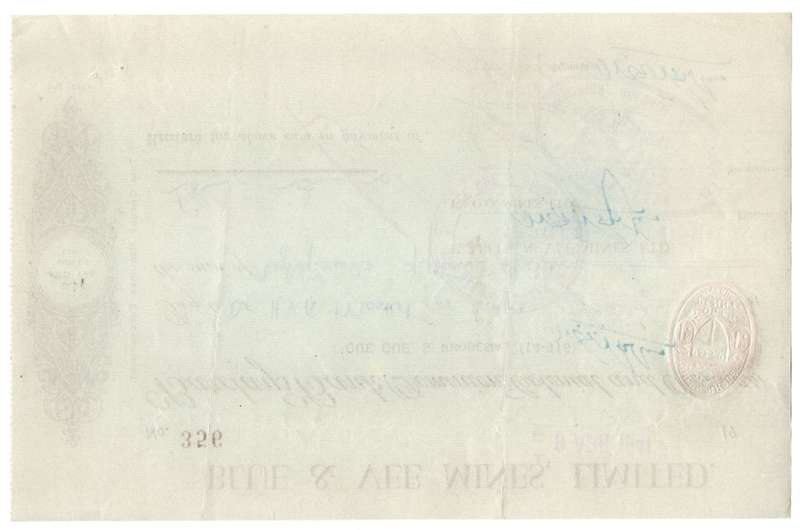 1941 Southern Rhodesia, Barclays Bank - Blue & Vee Mines, Limited Cheque issued for £8, 15 Shillings