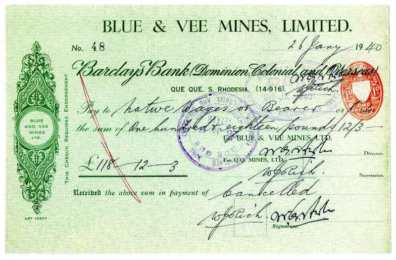 1940 Southern Rhodesia, Barclays Bank - Blue & Vee Mines, Limited Cheque issued for £118, 12 Shillin