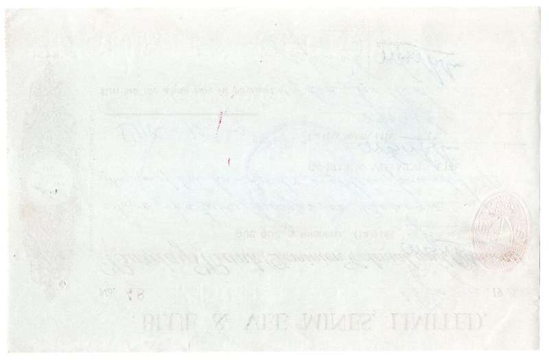 1940 Southern Rhodesia, Barclays Bank - Blue & Vee Mines, Limited Cheque issued for £118, 12 Shillin