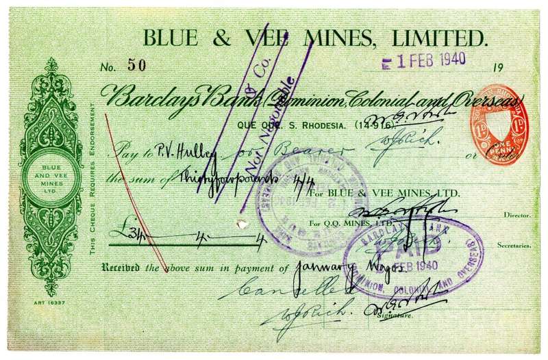 1940 Southern Rhodesia, Barclays Bank - Blue & Vee Mines, Limited Cheque issued for £34, 4 Shillings