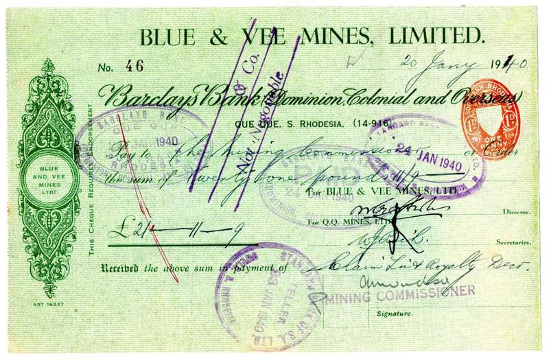 1940 Southern Rhodesia, Barclays Bank - Blue & Vee Mines, Limited Cheque issued for £21, 11 Shilling
