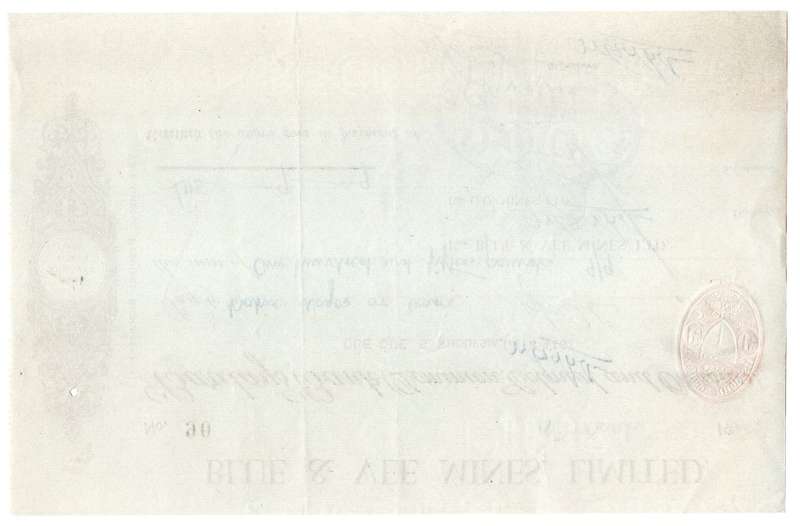 1940 Southern Rhodesia, Barclays Bank - Blue & Vee Mines, Limited Cheque issued for £115, 9 Shilling