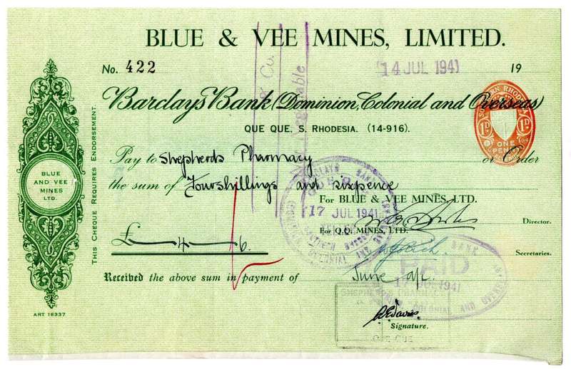 1941 Southern Rhodesia, Barclays Bank - Blue & Vee Mines, Limited Cheque issued for £0, 4 Shillings