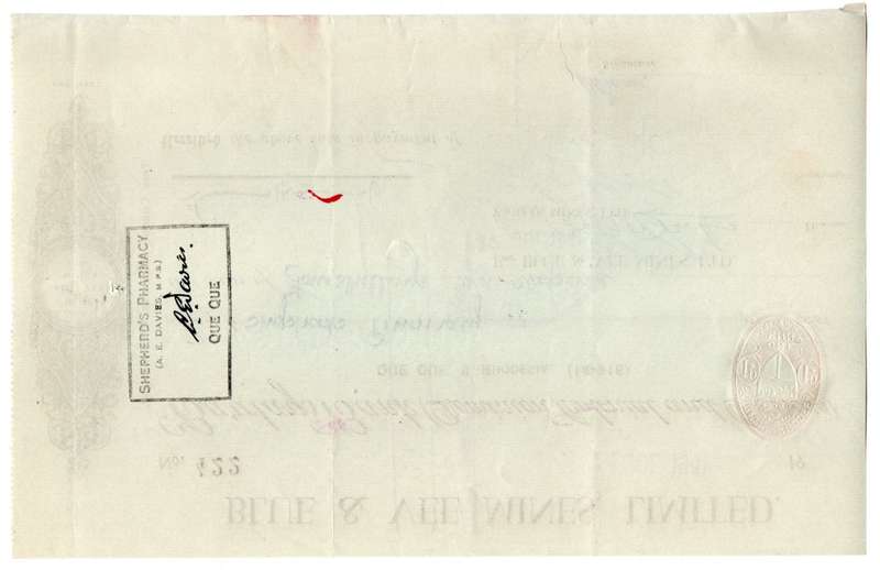 1941 Southern Rhodesia, Barclays Bank - Blue & Vee Mines, Limited Cheque issued for £0, 4 Shillings