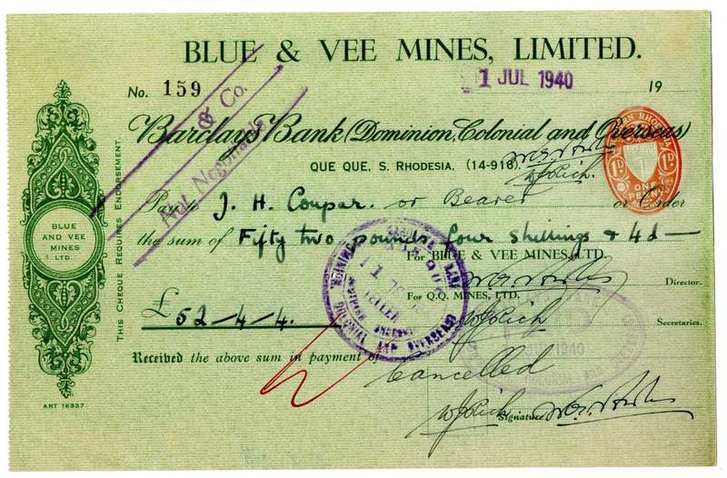 1940 Southern Rhodesia, Barclays Bank - Blue & Vee Mines, Limited Cheque issued for £52, 4 Shillings