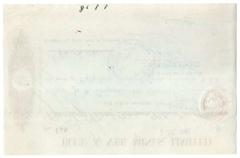 1940 Southern Rhodesia, Barclays Bank - Blue & Vee Mines, Limited Cheque issued for £52, 4 Shillings