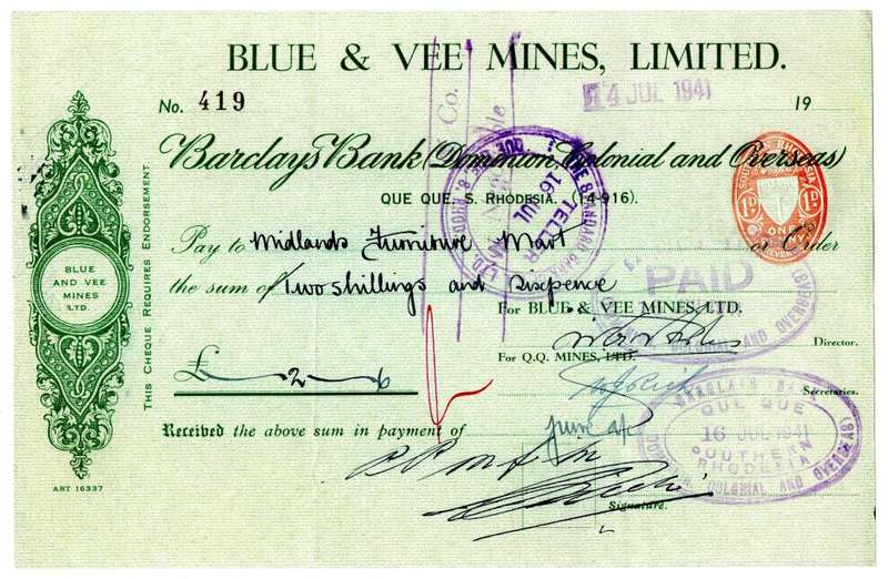 1941 Southern Rhodesia, Barclays Bank - Blue & Vee Mines, Limited Cheque issued for £0, 2 Shillings