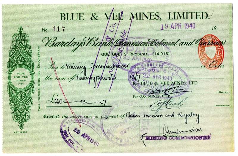 1940 Southern Rhodesia, Barclays Bank - Blue & Vee Mines, Limited Cheque issued for £20, 13 Shilling