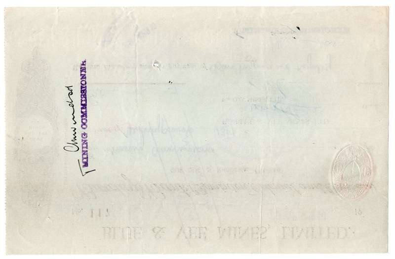 1940 Southern Rhodesia, Barclays Bank - Blue & Vee Mines, Limited Cheque issued for £20, 13 Shilling