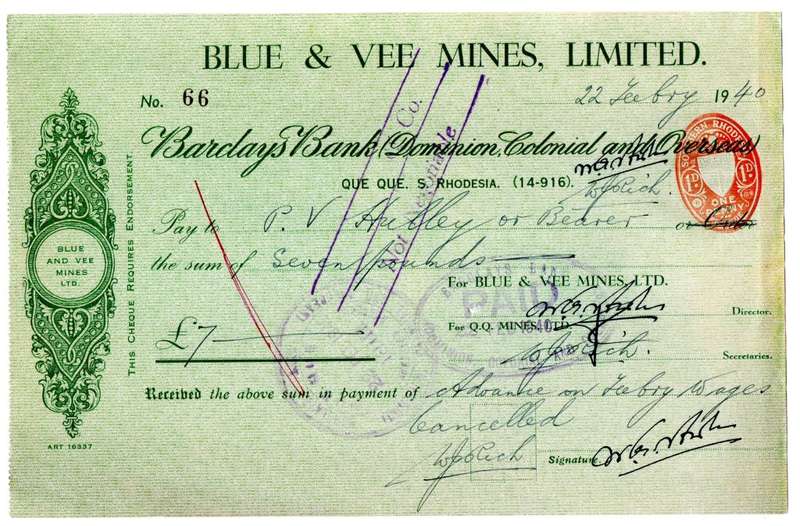 1940 Southern Rhodesia, Barclays Bank - Blue & Vee Mines, Limited Cheque issued for £7 , struck with